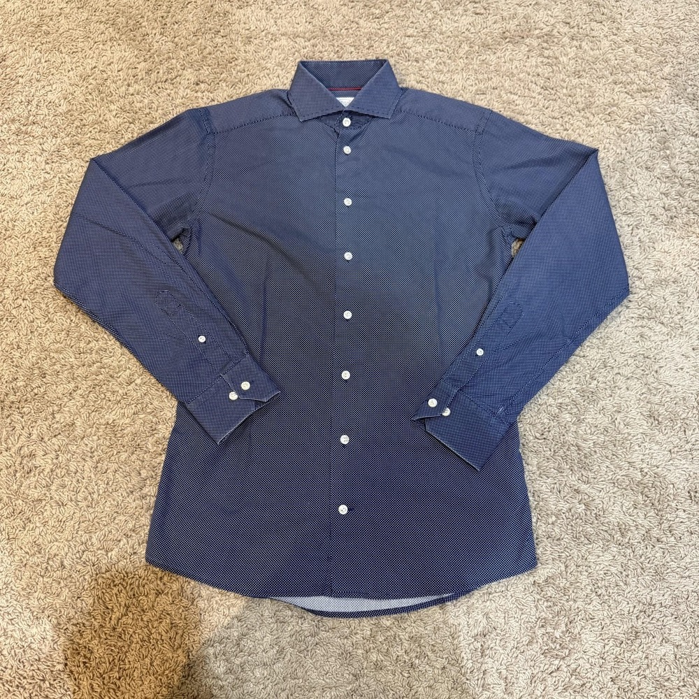 Eton Shirt Mens Small 15 38 Blue Slim Fit Long Sleeve Polka Dot Dress Shirt